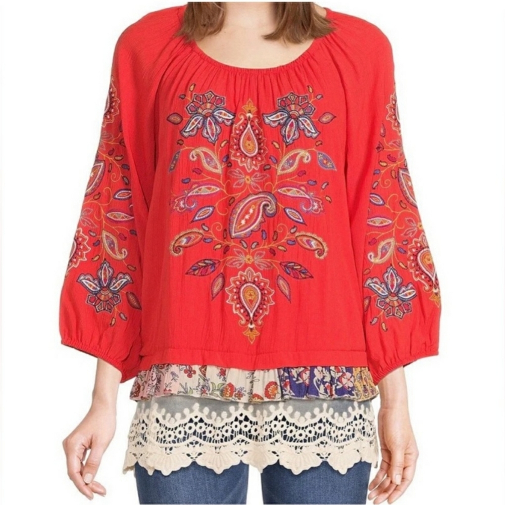 John Mark Boho Coral Embroidered Top Tunic Size L - Picture 2 of 8